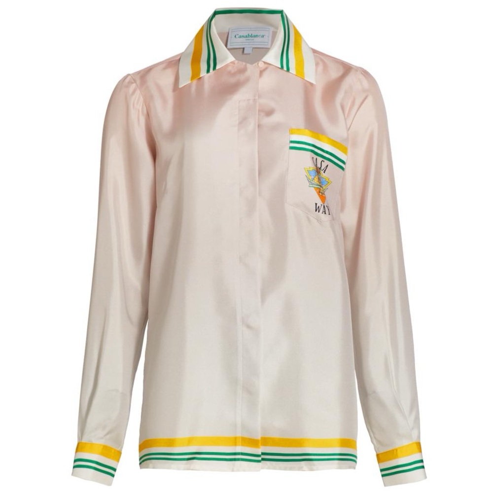 Casablanca Pink Silk Blouse with Graphic Casa Trophy Detail NWT *Saks Exclusive*